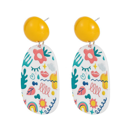 Yellow and Teal Botanical Oval Drop Earrings, drop earrings for women, dainty minimalist design, side view