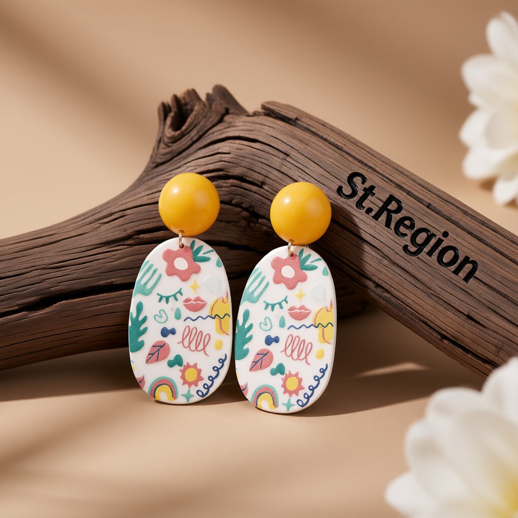 Yellow and Teal Botanical Oval Drop Earrings, drop earrings for women, dainty minimalist design, front view