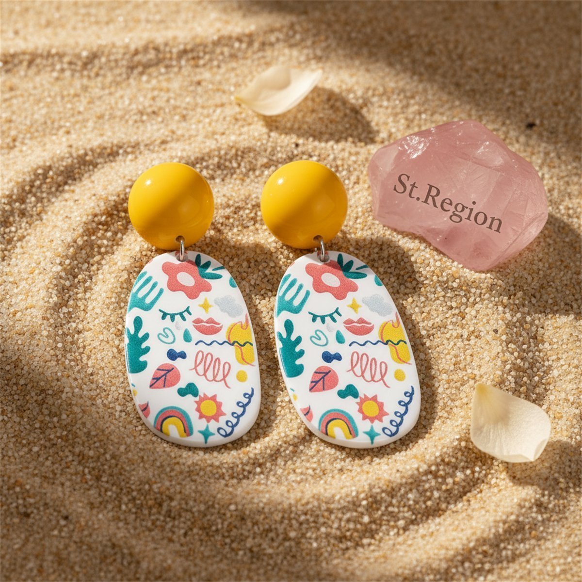 Yellow and Teal Botanical Oval Drop Earrings, drop earrings for women, dainty minimalist design, detail close-up