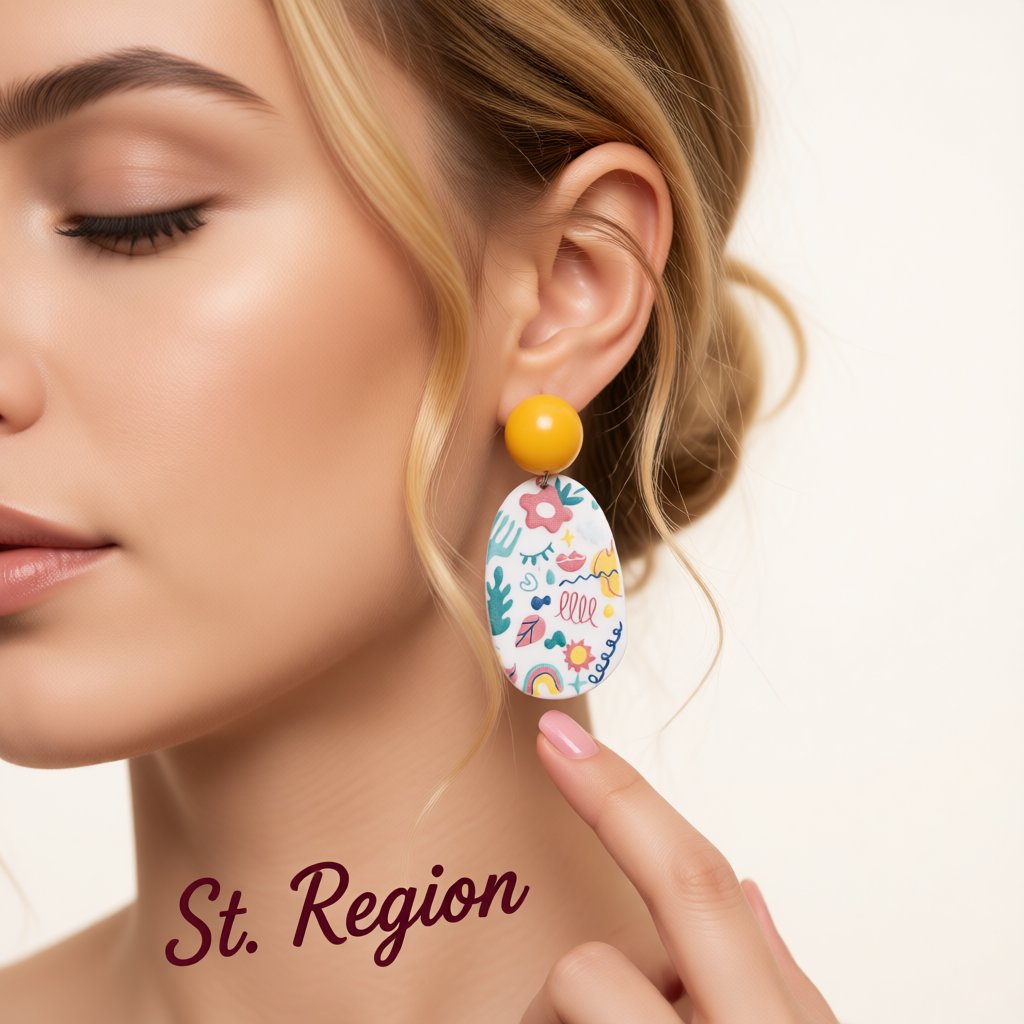 Yellow and Teal Botanical Oval Drop Earrings, drop earrings for women, dainty minimalist design, styled look