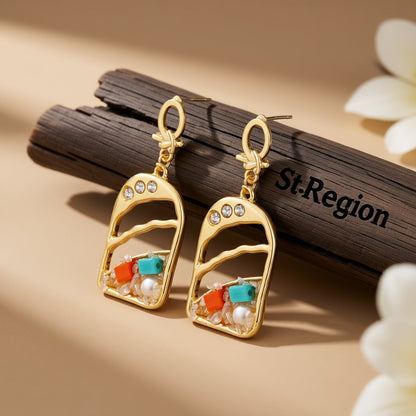 Cubic Zirconia and Pearl 18K Gold-Plated Drop Earrings, gold drop earrings for women, vintage-inspired design, front view