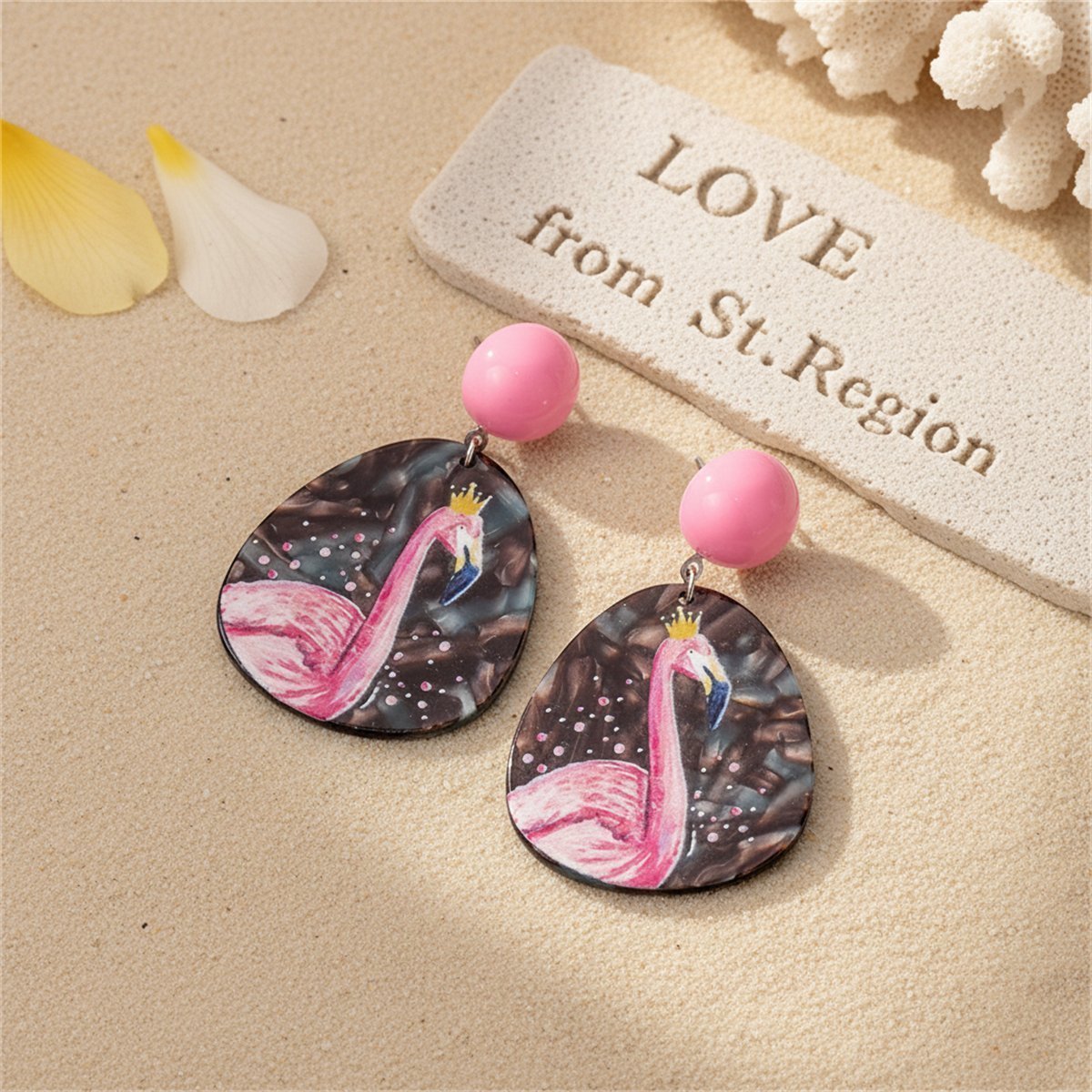 Pink and Black Flamingo Oval Drop Earrings, drop earrings for women, elegant gift for her, lifestyle look
