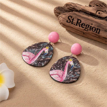 Pink and Black Flamingo Oval Drop Earrings, drop earrings for women, elegant gift for her, front view
