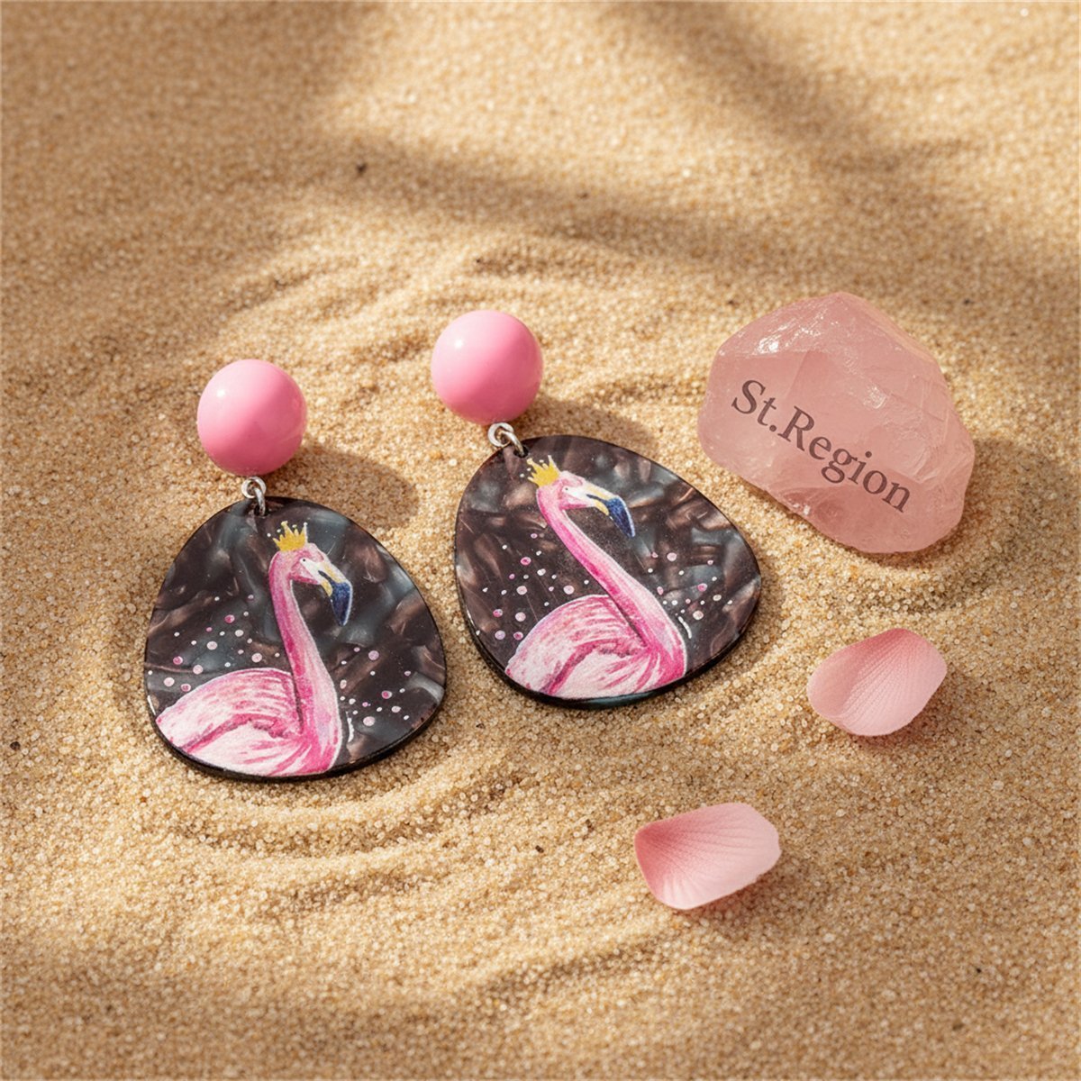 Pink and Black Flamingo Oval Drop Earrings, drop earrings for women, elegant gift for her, detail close-up