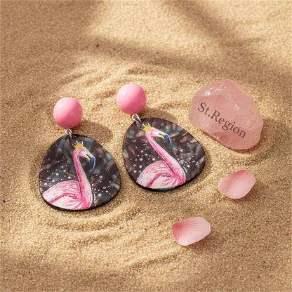 Pink and Black Flamingo Oval Drop Earrings, drop earrings for women, elegant gift for her, detail close-up
