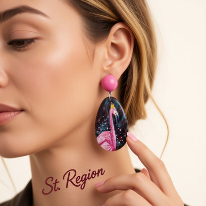Pink and Black Flamingo Oval Drop Earrings, drop earrings for women, elegant gift for her, styled look