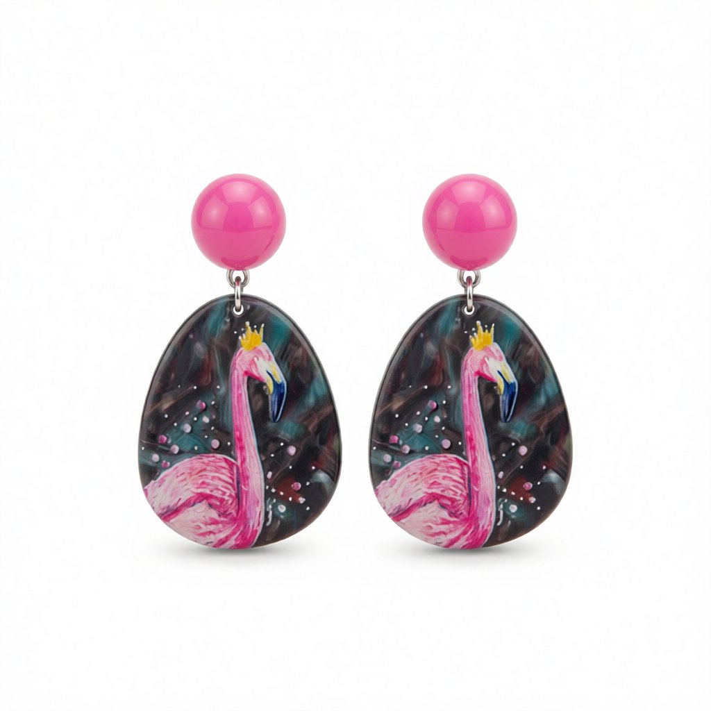 Pink and Black Flamingo Oval Drop Earrings, drop earrings for women, elegant gift for her, side view