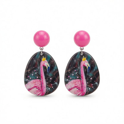 Pink and Black Flamingo Oval Drop Earrings, drop earrings for women, elegant gift for her, side view