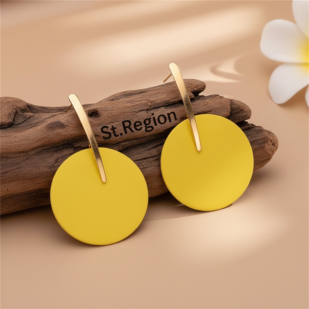 Yellow Acrylic and 18K Gold-Plated Round Drop Earrings, gold drop earrings for women, vintage-inspired design, front view