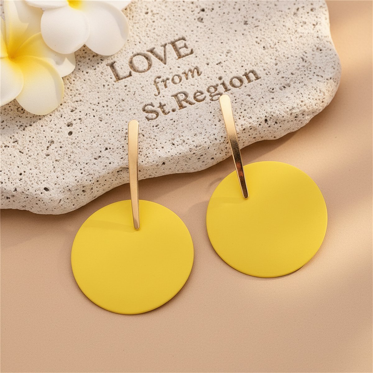 Yellow Acrylic and 18K Gold-Plated Round Drop Earrings, gold drop earrings for women, vintage-inspired design, lifestyle look