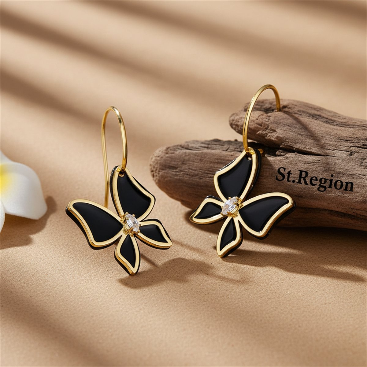Cubic Zirconia and Black Acrylic Overlay Butterfly Drop Earrings, huggie earrings, everyday style, front view