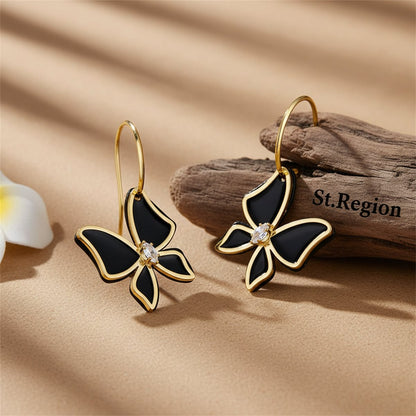 Cubic Zirconia and Black Acrylic Overlay Butterfly Drop Earrings, huggie earrings, everyday style, front view