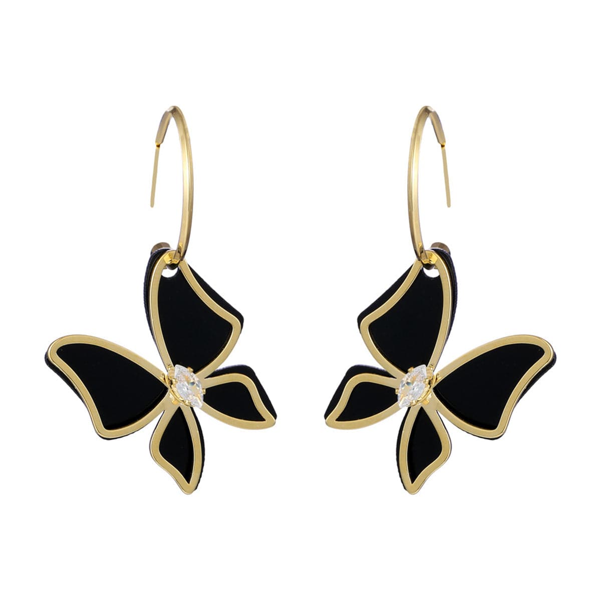 Cubic Zirconia and Black Acrylic Overlay Butterfly Drop Earrings, huggie earrings, everyday style, side view
