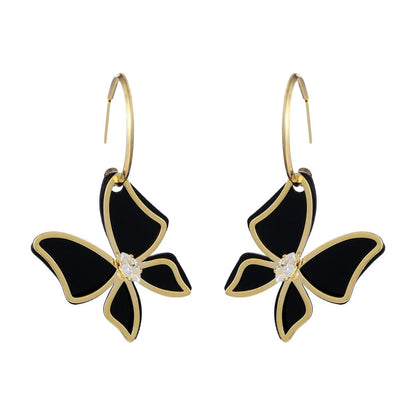 Cubic Zirconia and Black Acrylic Overlay Butterfly Drop Earrings, huggie earrings, everyday style, side view