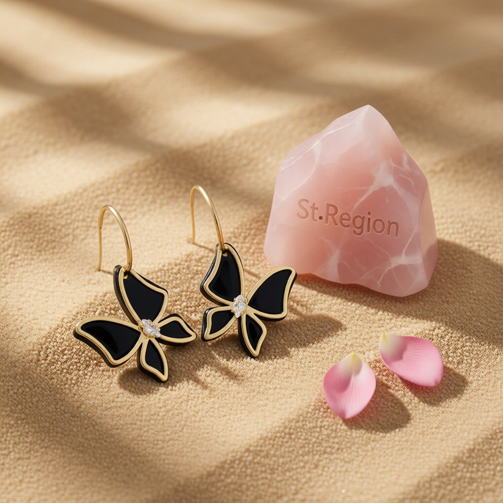 Cubic Zirconia and Black Acrylic Overlay Butterfly Drop Earrings, huggie earrings, everyday style, detail close-up