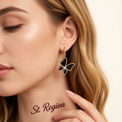 Cubic Zirconia and Black Acrylic Overlay Butterfly Drop Earrings, huggie earrings, everyday style, styled look