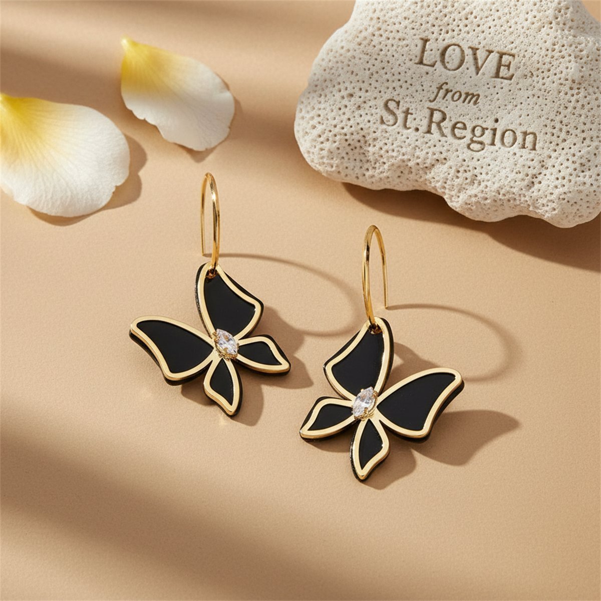 Cubic Zirconia and Black Acrylic Overlay Butterfly Drop Earrings, huggie earrings, everyday style, lifestyle look