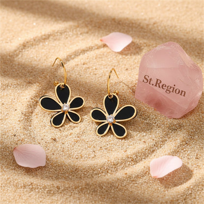 Black Acrylic and Cubic Zirconia 18K Gold-Plated Floral Drop Earrings, gold huggie earrings, everyday style, detail close-up