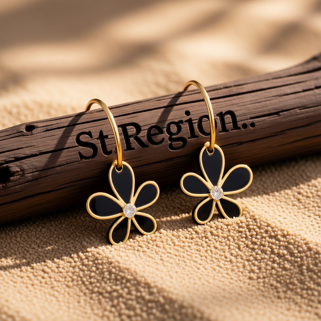 Black Acrylic and Cubic Zirconia 18K Gold-Plated Floral Drop Earrings, gold huggie earrings, everyday style, front view