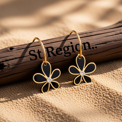 Black Acrylic and Cubic Zirconia 18K Gold-Plated Floral Drop Earrings, gold huggie earrings, everyday style, front view