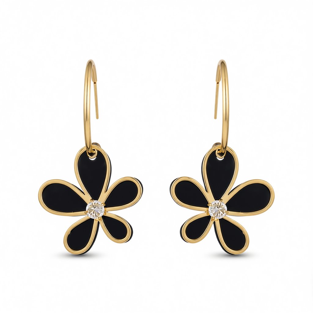 Black Acrylic and Cubic Zirconia 18K Gold-Plated Floral Drop Earrings, gold huggie earrings, everyday style, side view