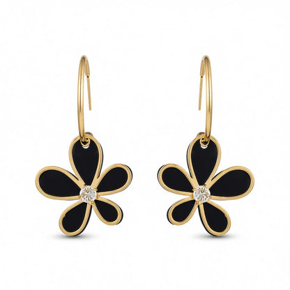 Black Acrylic and Cubic Zirconia 18K Gold-Plated Floral Drop Earrings, gold huggie earrings, everyday style, side view