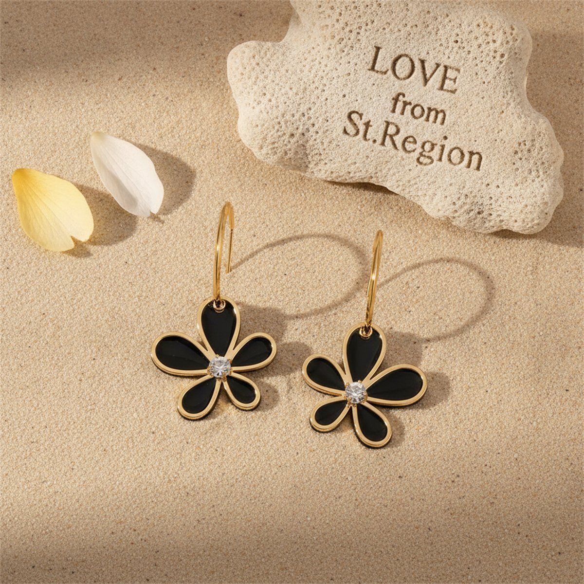 Black Acrylic and Cubic Zirconia 18K Gold-Plated Floral Drop Earrings, gold huggie earrings, everyday style, lifestyle look