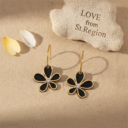 Black Acrylic and Cubic Zirconia 18K Gold-Plated Floral Drop Earrings, gold huggie earrings, everyday style, lifestyle look