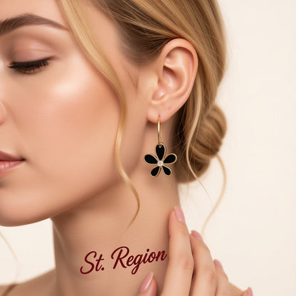 Black Acrylic and Cubic Zirconia 18K Gold-Plated Floral Drop Earrings, gold huggie earrings, everyday style, styled look