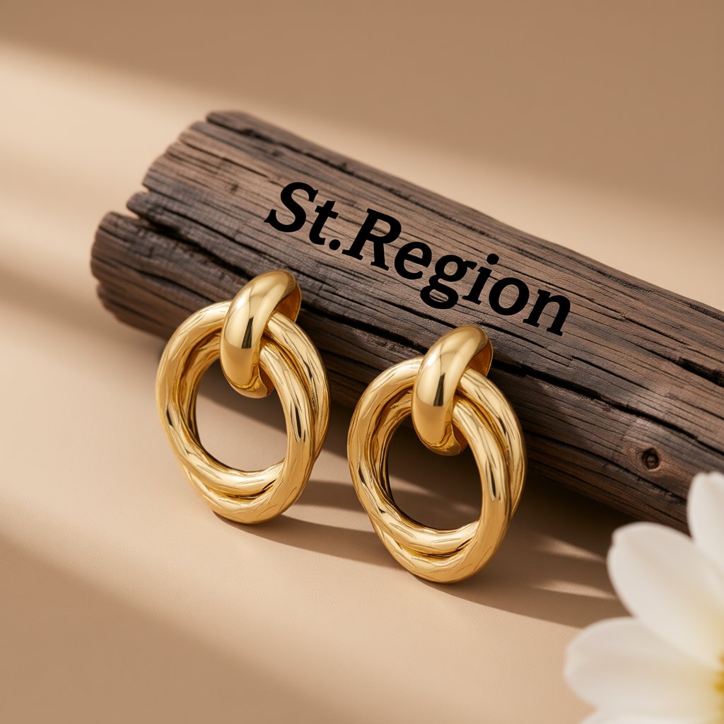 18K Gold-Plated Double Circle Interlocked Stud Earrings, gold stud earrings for women, everyday style, front view