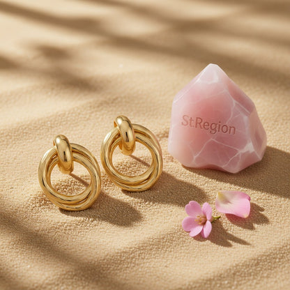 18K Gold-Plated Double Circle Interlocked Stud Earrings, gold stud earrings for women, everyday style, detail close-up