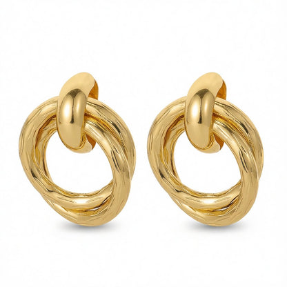 18K Gold-Plated Double Circle Interlocked Stud Earrings, gold stud earrings for women, everyday style, side view