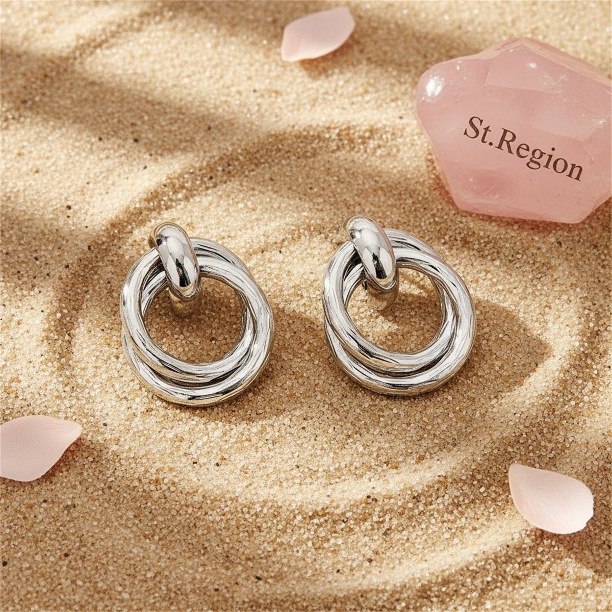 Silver-Plated Double Circle Interlocked Stud Earrings, silver drop earrings for women, detail close-up