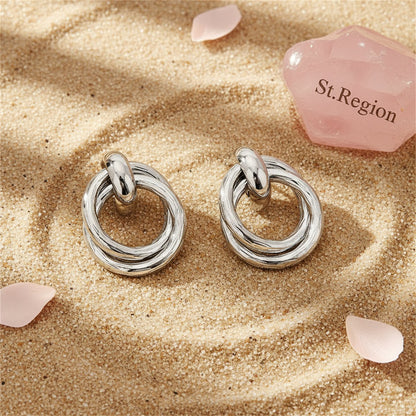 Silver-Plated Double Circle Interlocked Stud Earrings, silver drop earrings for women, detail close-up
