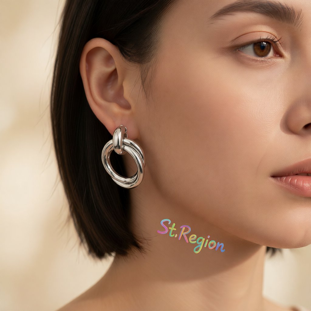 Silver-Plated Double Circle Interlocked Stud Earrings, silver drop earrings for women, vintage-inspired design, styled look