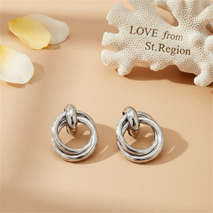 Silver-Plated Double Circle Interlocked Stud Earrings, silver drop earrings for women, lifestyle look