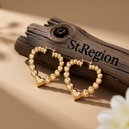 18K Gold-Plated Hearts Hoop Earrings, gold hoop earrings for women, botanical inspired, front view