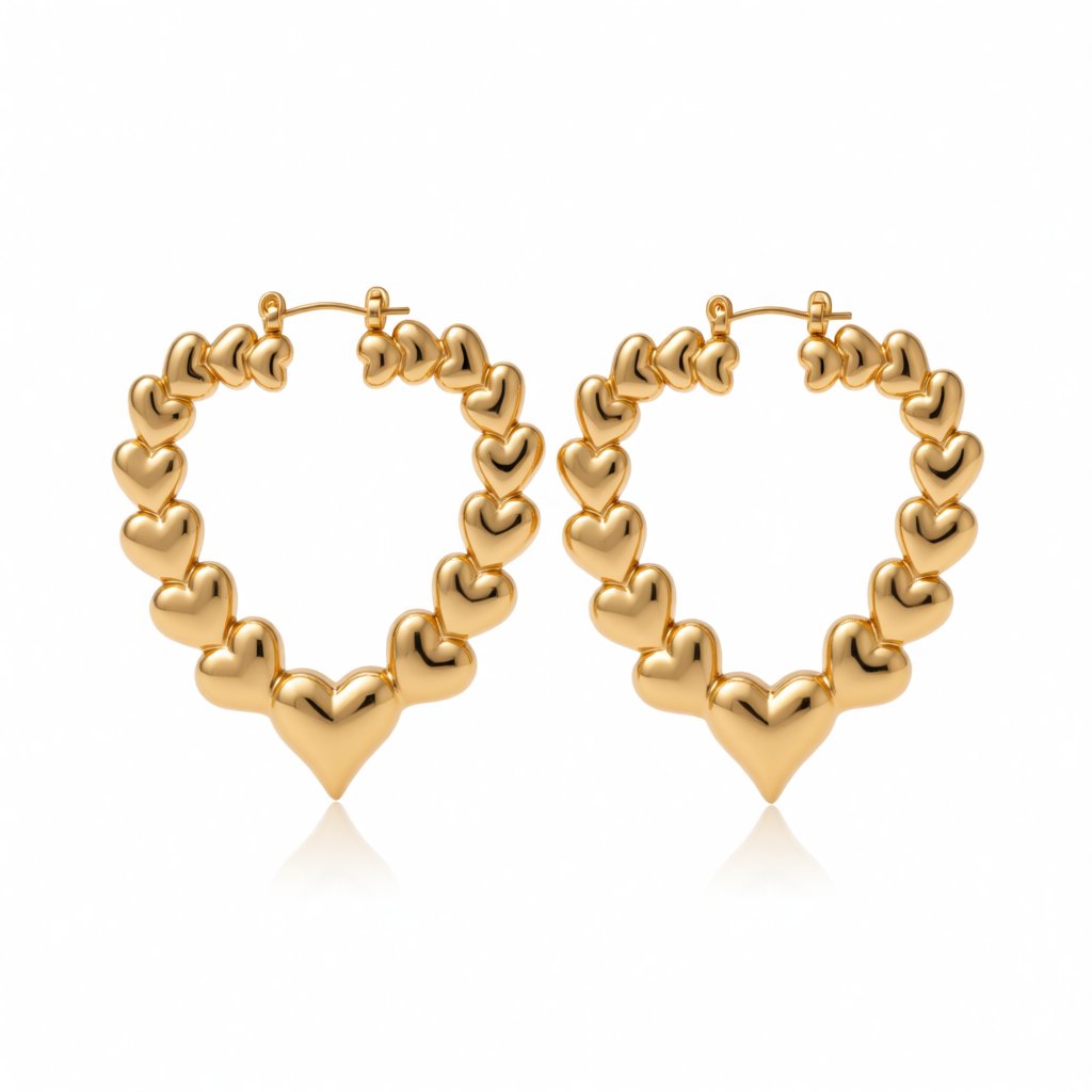 18K Gold-Plated Hearts Hoop Earrings, gold hoop earrings for women, botanical inspired, side view