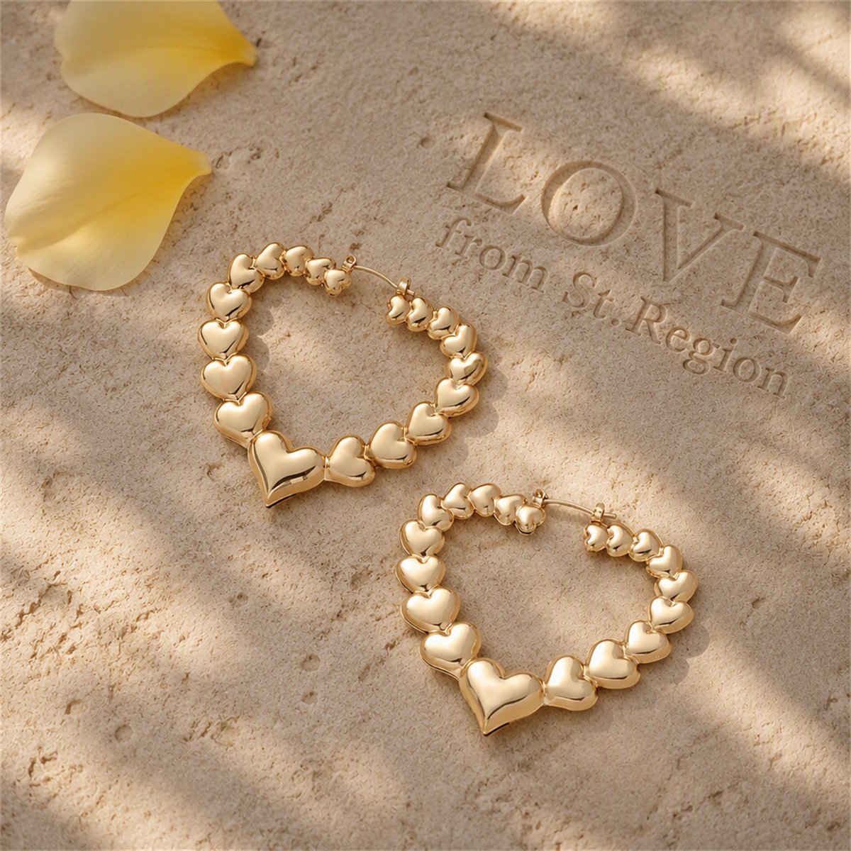 18K Gold-Plated Hearts Hoop Earrings, gold hoop earrings for women, botanical inspired, lifestyle look