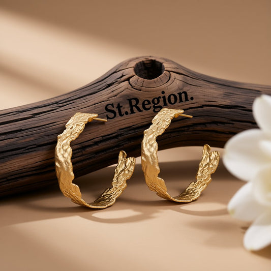 18K Gold-Plated Textured Abstract Half-Hoop Earrings, gold hoop earrings for women, vintage-inspired design, front view