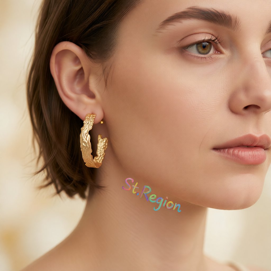 18K Gold-Plated Textured Abstract Half-Hoop Earrings, gold hoop earrings for women, vintage-inspired design, styled look