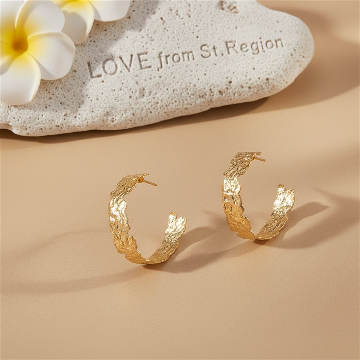 18K Gold-Plated Textured Abstract Half-Hoop Earrings, gold hoop earrings for women, vintage-inspired design, lifestyle look