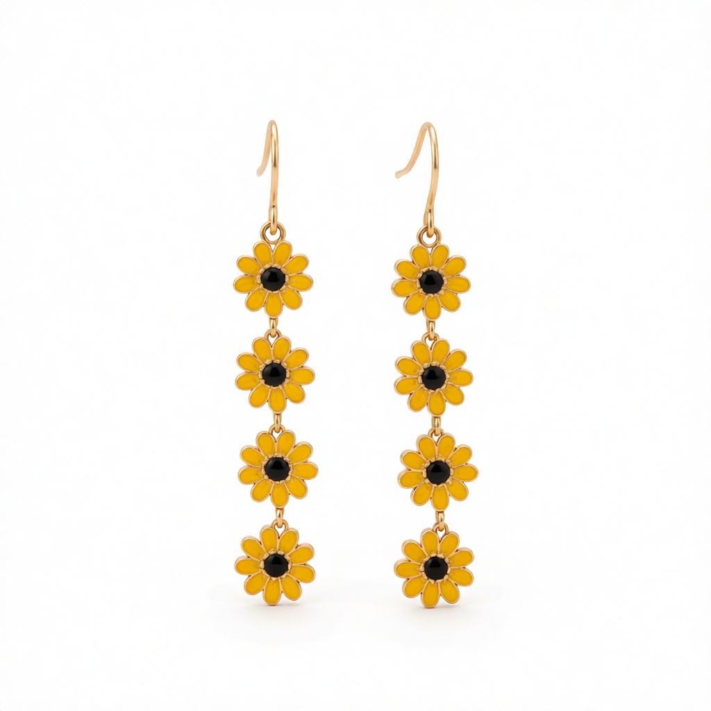 Yellow Enamel & 18K Gold-Plated Linked Mums Drop Earring