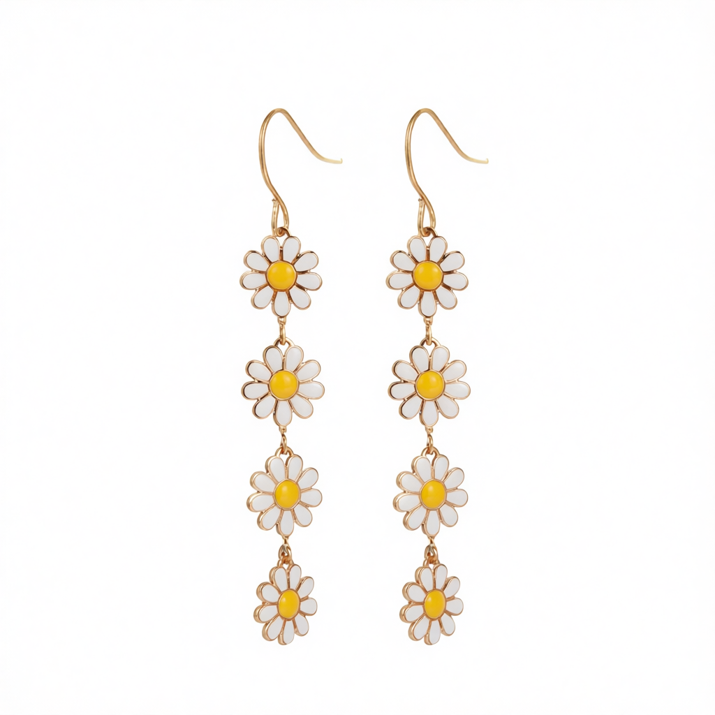 White Enamel & 18K Gold-Plated Linked Mums Drop Earring