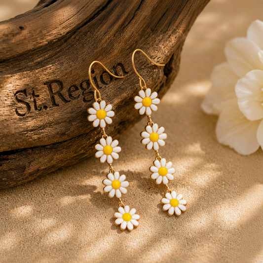 White Enamel & 18K Gold-Plated Linked Mums Drop Earring