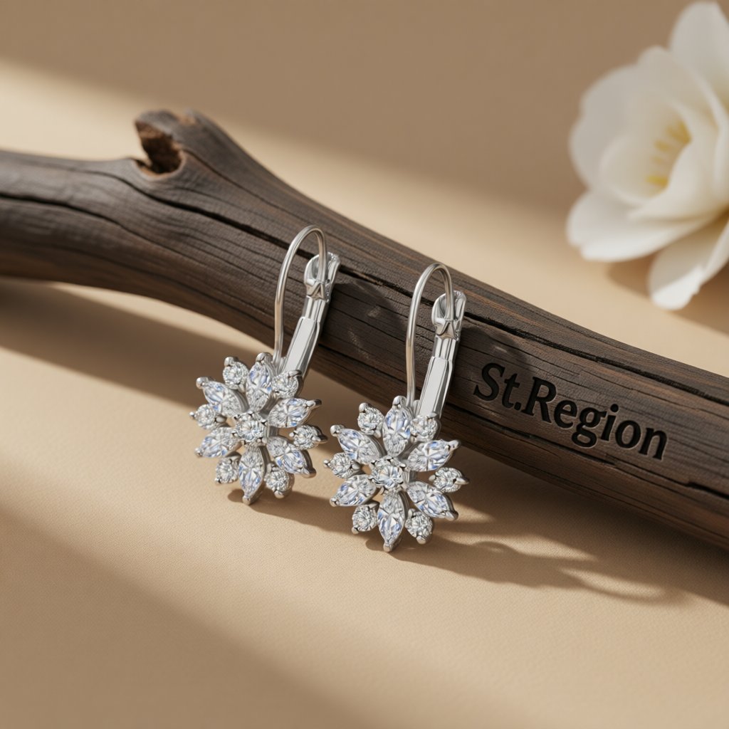 Crystal and Silver-Plated Snowflake Leverback Earrings, silver huggie earrings, everyday style, front view