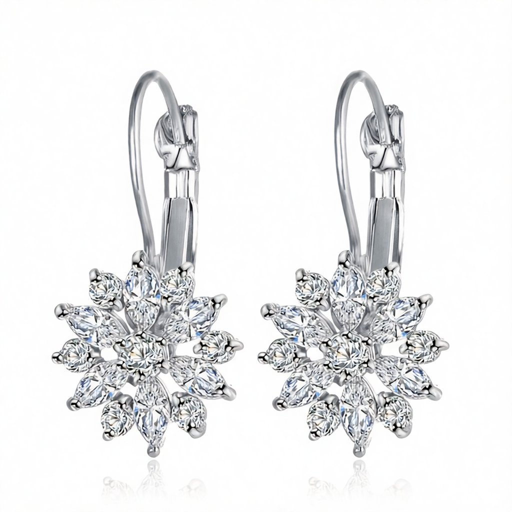 Crystal and Silver-Plated Snowflake Leverback Earrings, silver huggie earrings, everyday style, side view