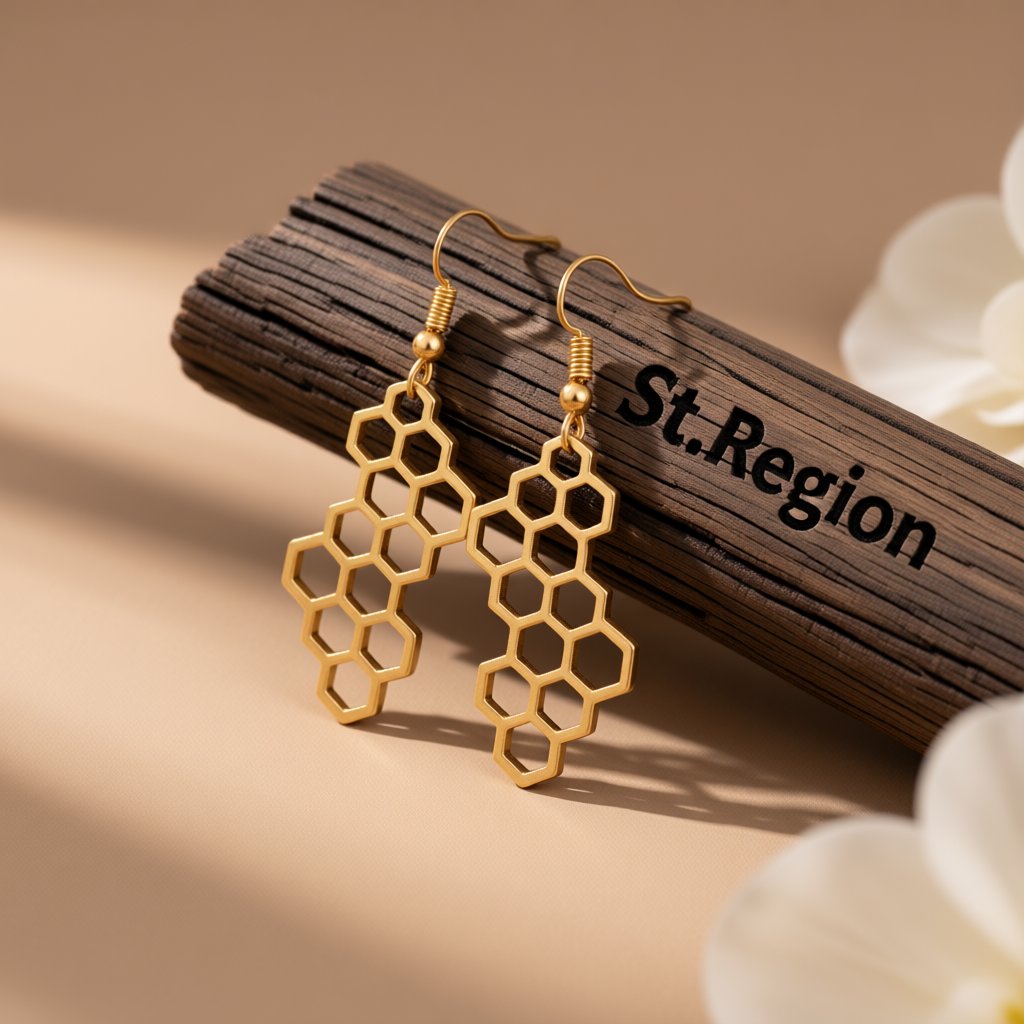 18K Gold-Plated Honeycomb Drop Earrings, gold drop earrings for women, vintage-inspired design, front view