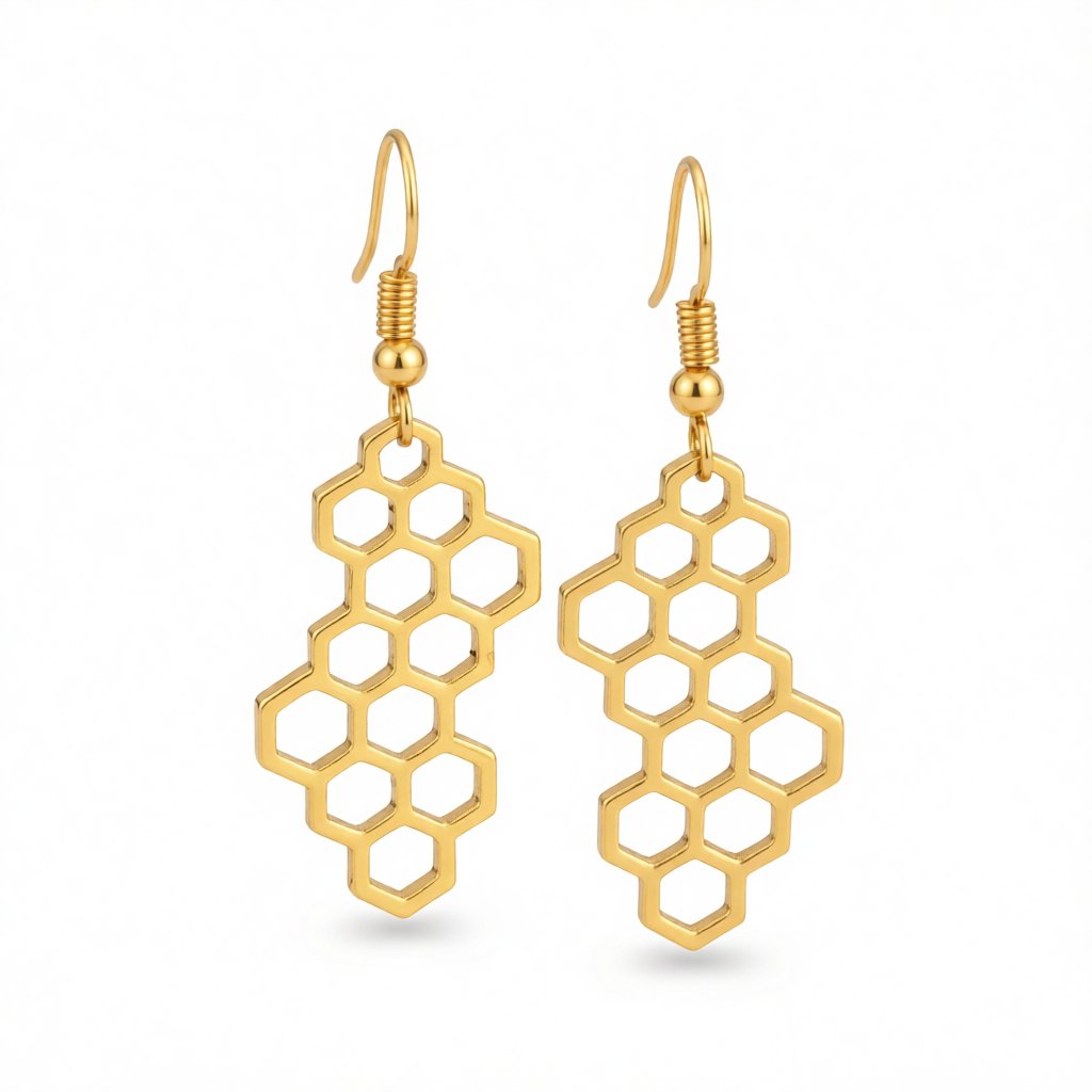18K Gold-Plated Honeycomb Drop Earrings, gold drop earrings for women, vintage-inspired design, side view