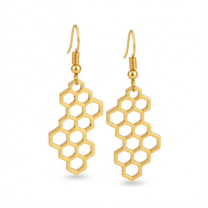 18K Gold-Plated Honeycomb Drop Earrings, gold drop earrings for women, vintage-inspired design, side view